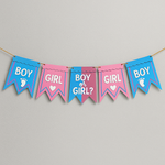 Gender reveal banner with alternating pink and blue flags reading 'Boy or Girl