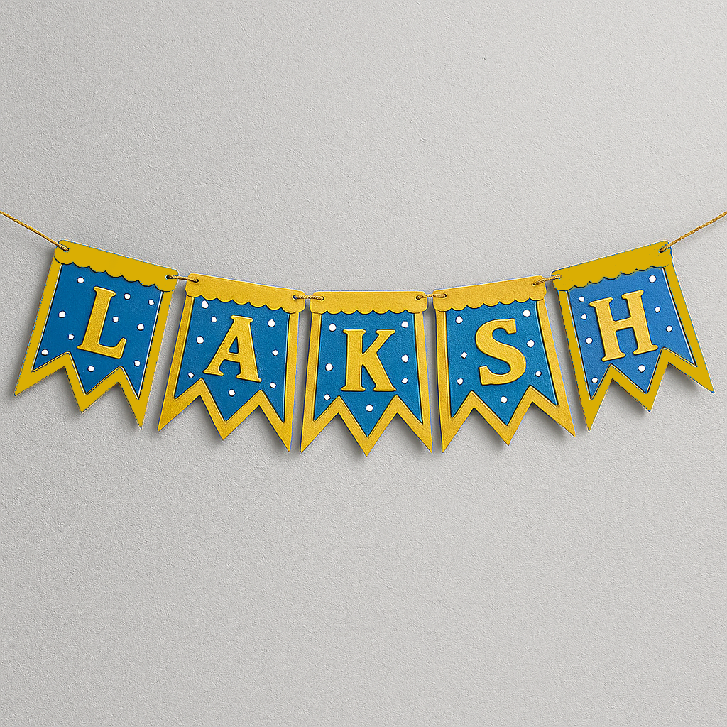 Blue and yellow birthday banner spelling LAKSH