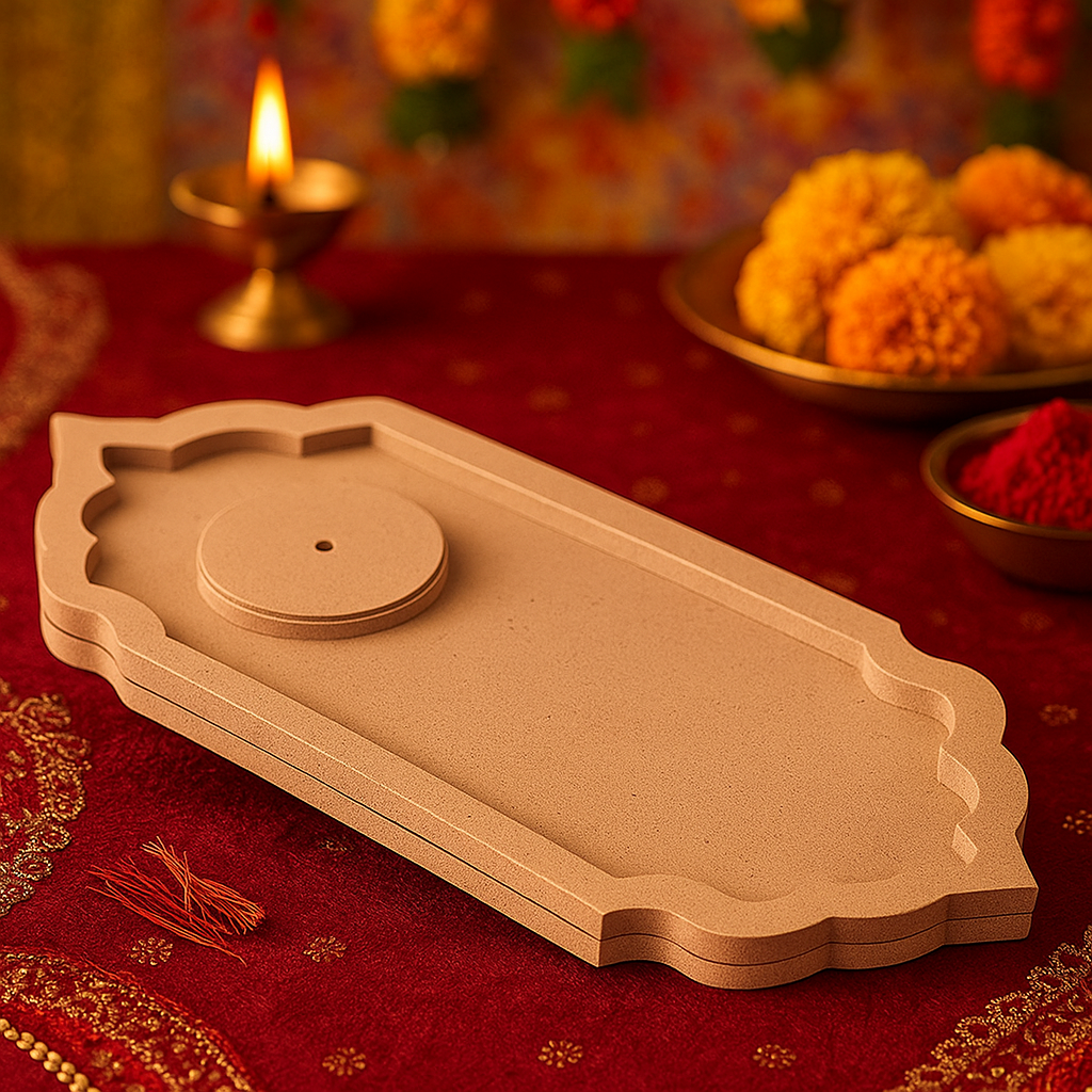 Rectangular MDF pooja platter on red festive cloth with marigold flowers and diya.