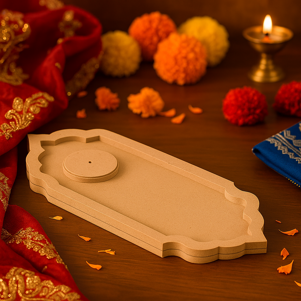 MDF pooja tray on decorated red cloth with idol and lit diyas in background.