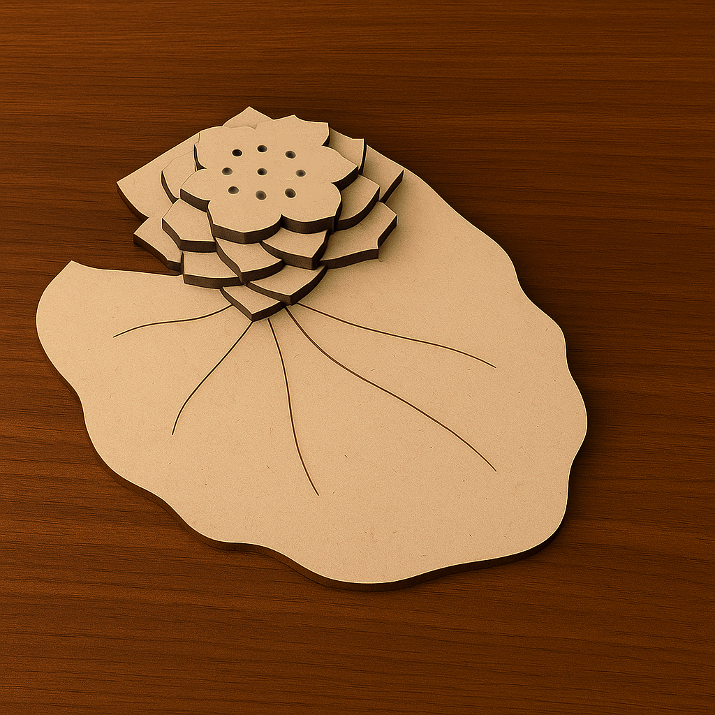 Eco-friendly MDF lotus incense stick holder and leaf base for home decor.

