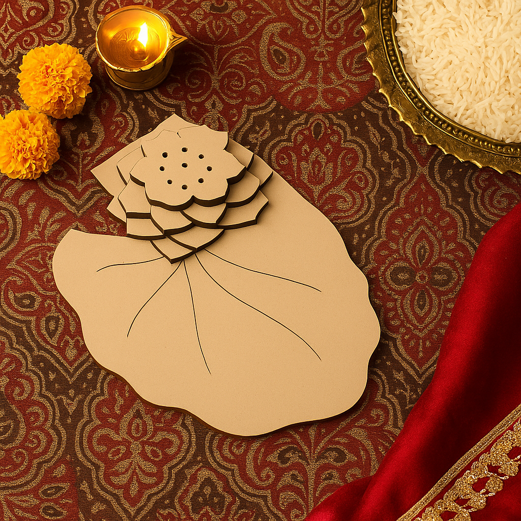 MDF lotus-shaped incense holder board with diya and marigold decor.