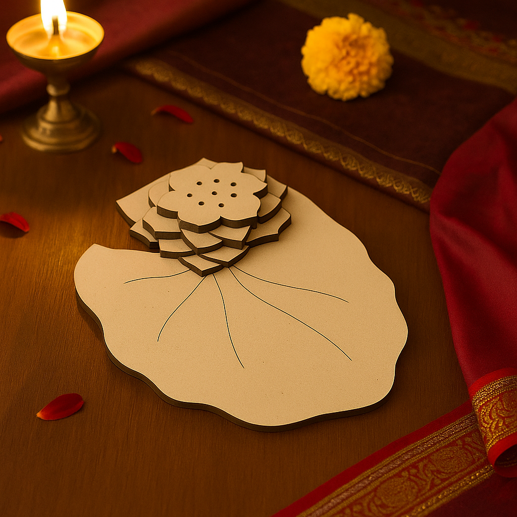 MDF lotus leaf incense holder base with layered floral design placed on red festive cloth.