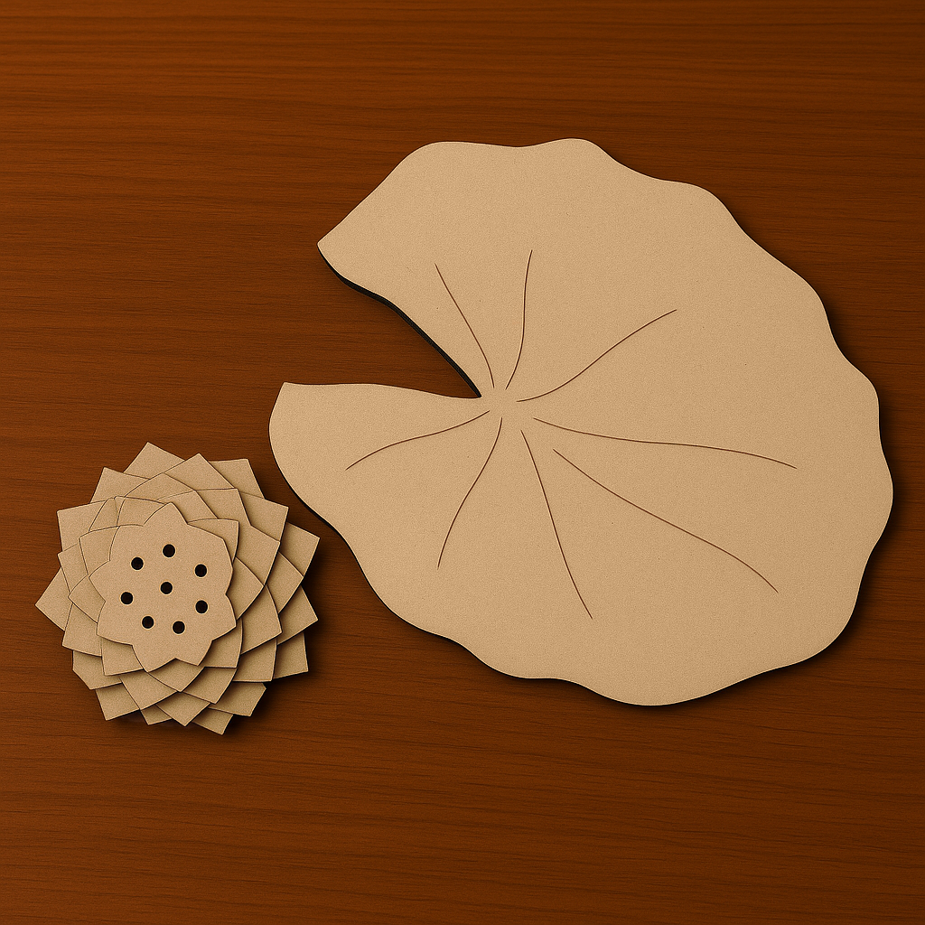 Eco-friendly MDF lotus incense stick holder and leaf base for home decor.

