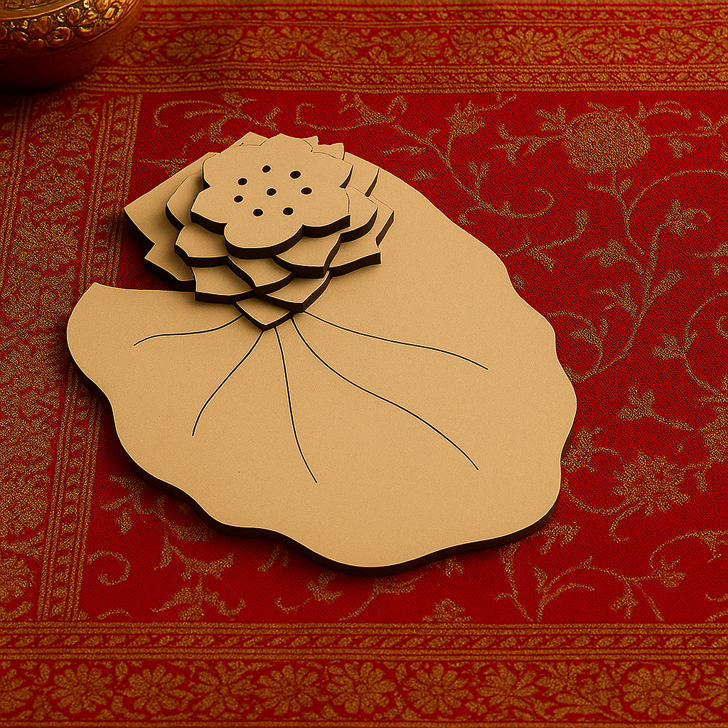 Plain MDF lotus incense holder on red patterned background.