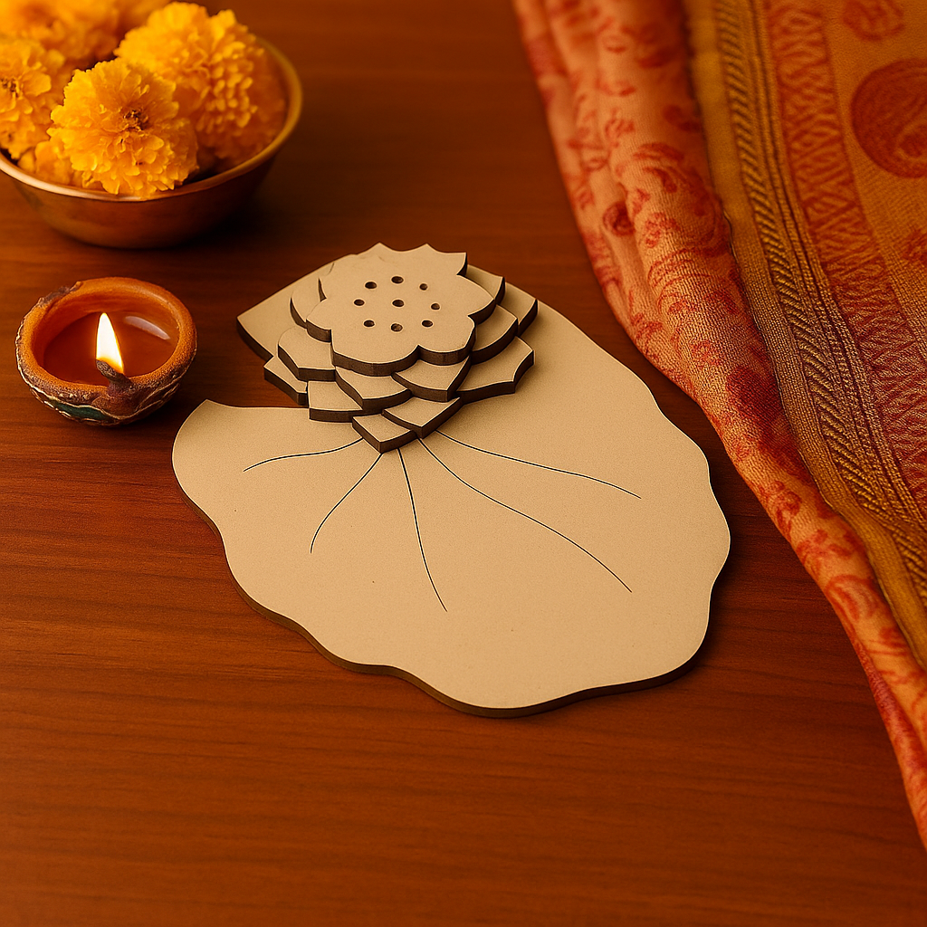 MDF lotus leaf pooja base with diya and marigold flower decor.