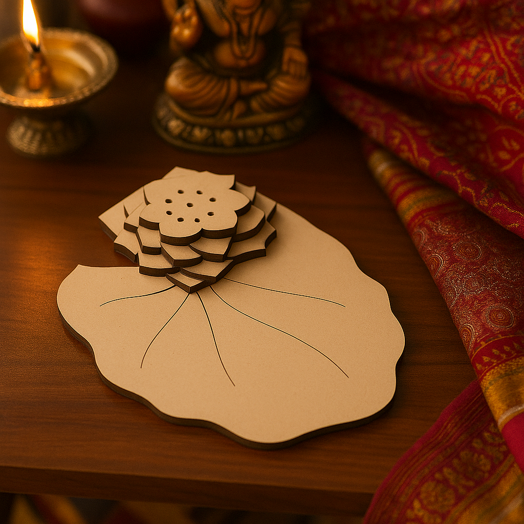 MDF incense holder in lotus leaf shape placed near Ganesha idol