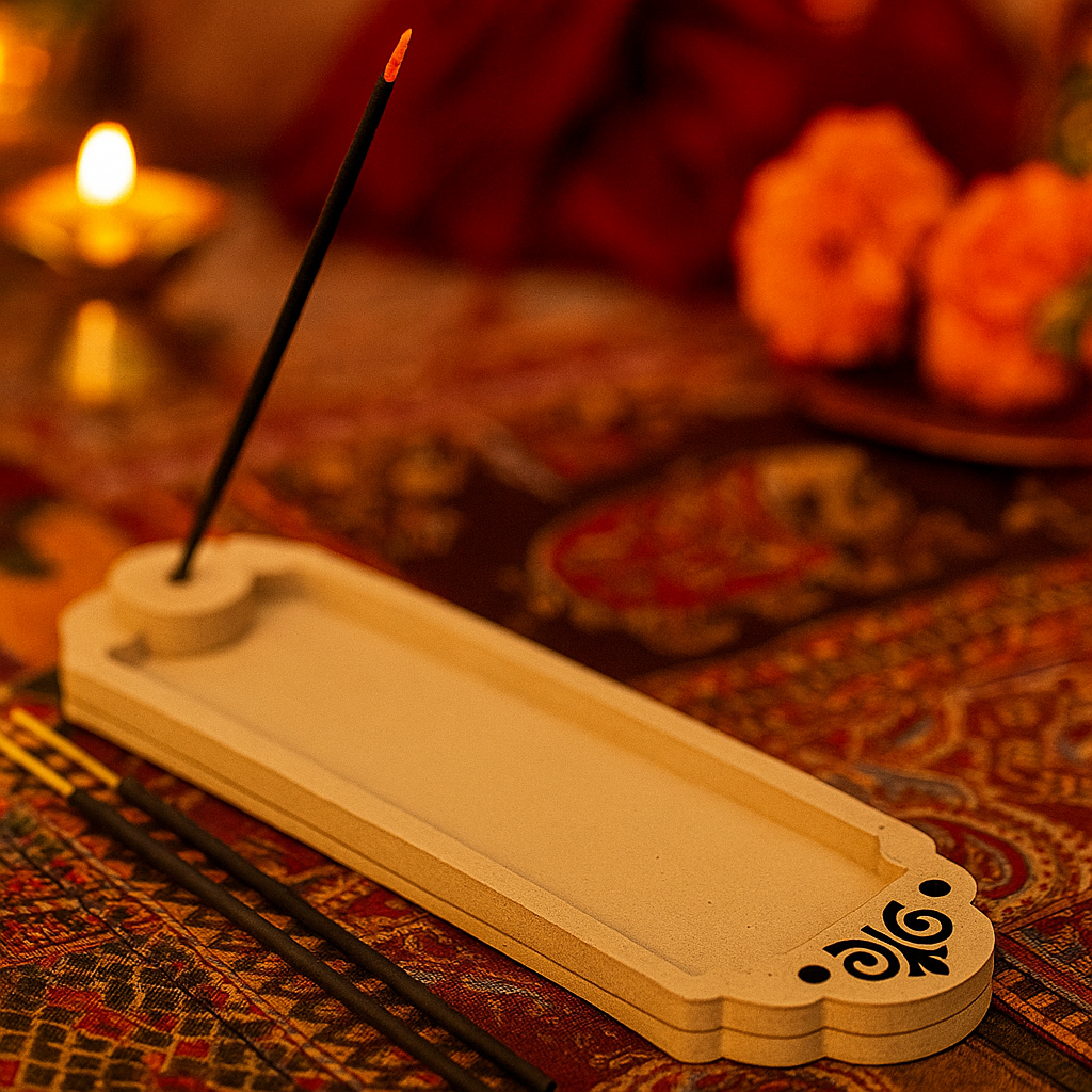 Rectangular MDF incense holder with laser-cut design and incense sticks.