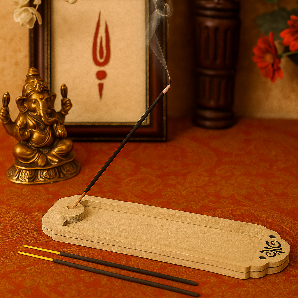 MDF agarbatti stand on festive cloth with lit diya and marigolds.