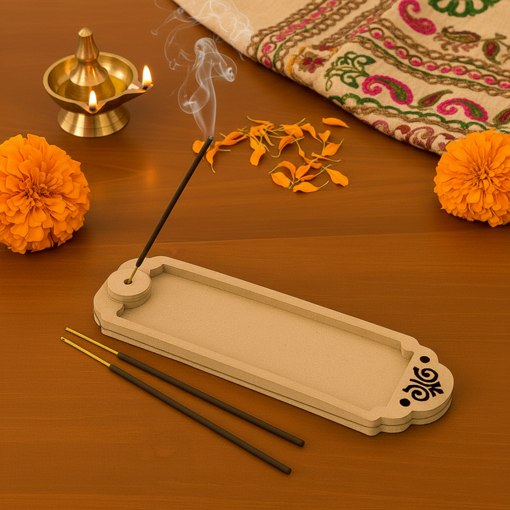 MDF agarbatti holder with lit incense stick, diya, and marigold petals.