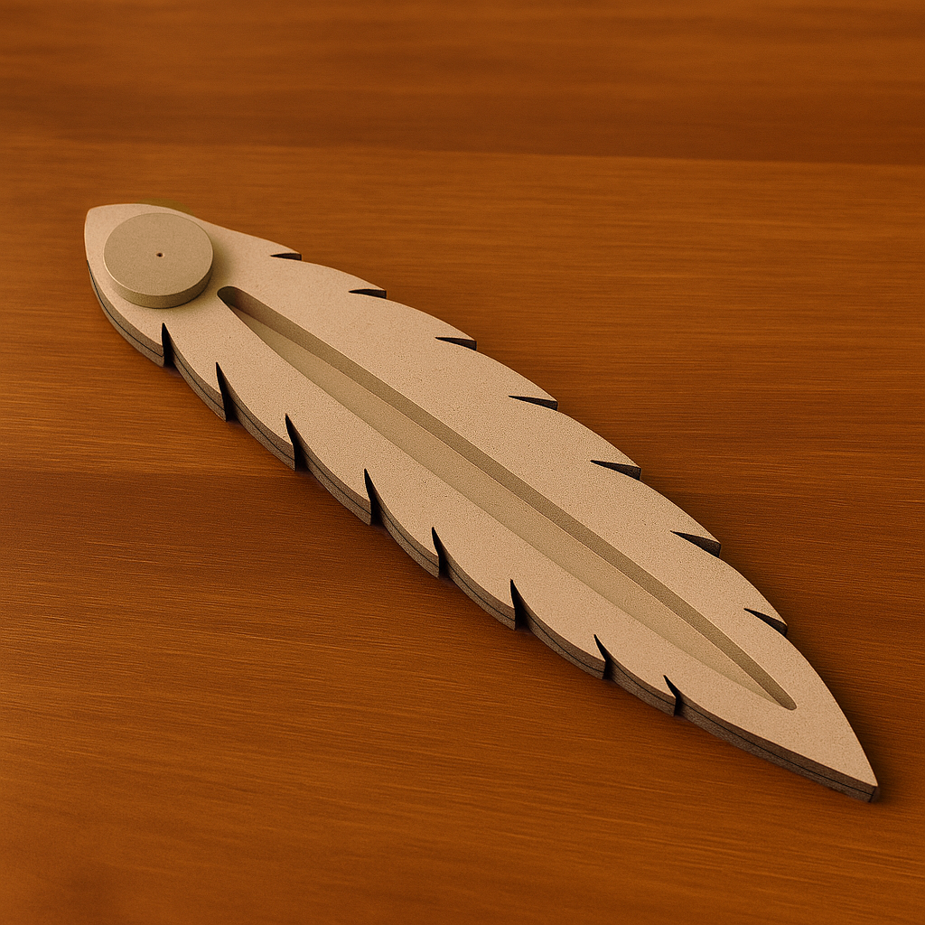 Feather-shaped MDF incense stick holder with ash catcher slot