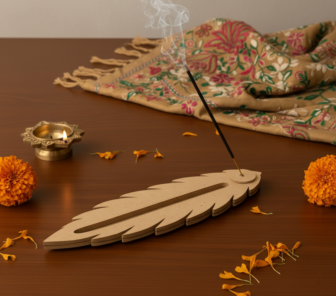 Decorative MDF feather incense holder with unlit incense stick and marigold flowers.