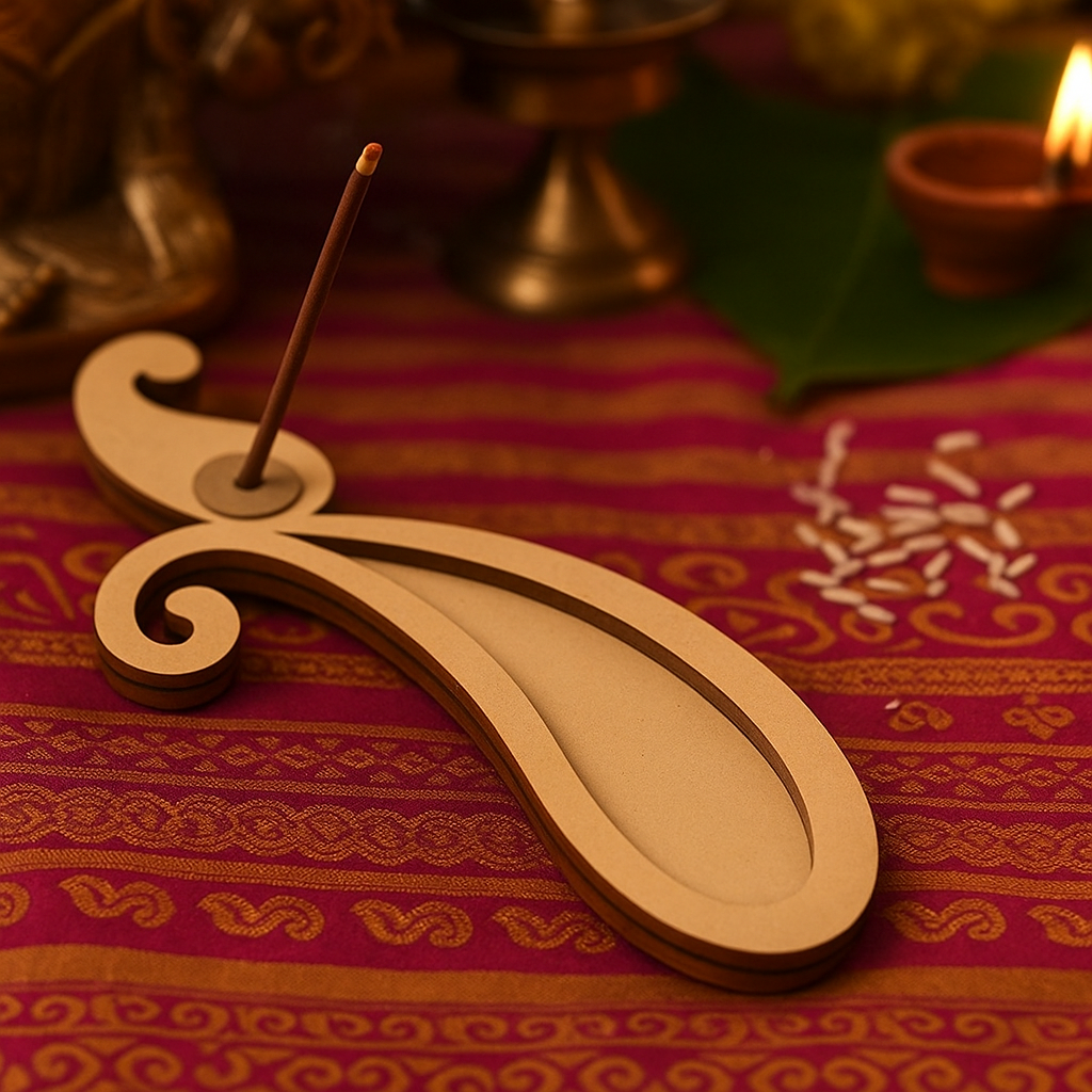 Elegant MDF paisley incense stand placed on decorative red fabric.