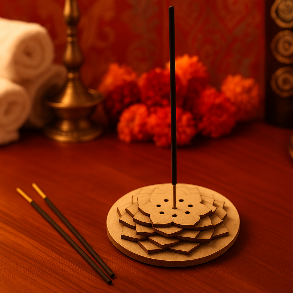 MDF round layered flower-shaped incense holder with incense stick placed vertically.