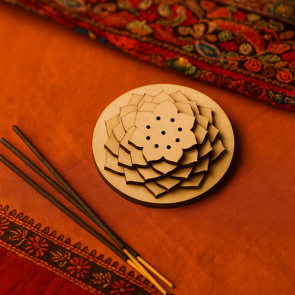 Top view of round MDF flower-shaped incense holder placed on orange fabric