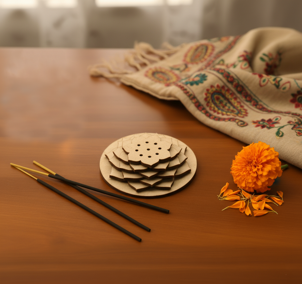 Simple round MDF incense holder with floral layers and incense sticks on wooden table.