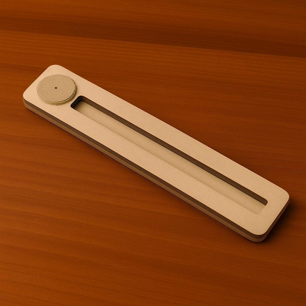 Minimalist MDF incense stick holder tray with slot and circular stick stand, placed on a wooden table

