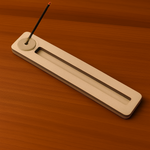 Minimalist MDF incense stick holder tray with slot and circular stick stand, placed on a wooden table

