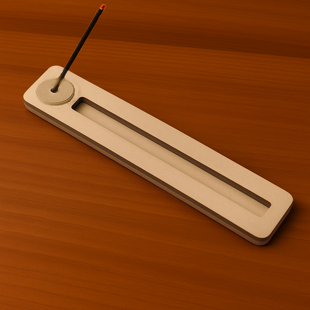 Minimalist MDF incense stick holder tray with slot and circular stick stand, placed on a wooden table

