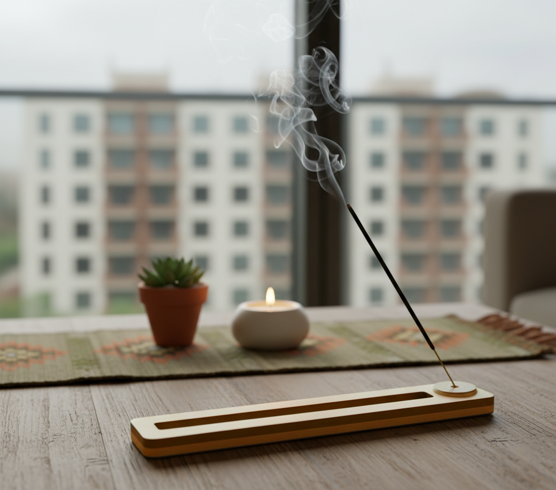 incense holder with burning stick, smoke rising, background showing modern apartment view.