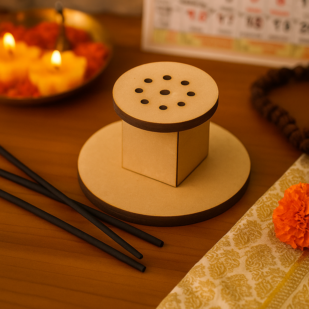 Round MDF incense holder on wooden base with holes, surrounded by marigold and candles.