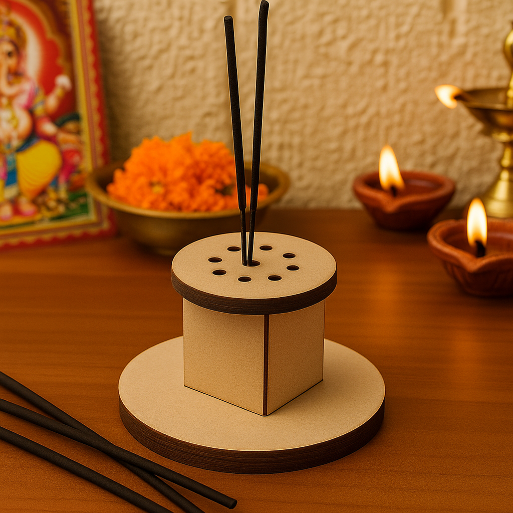 MDF round incense holder with multiple sticks placed upright, festive setup in background.