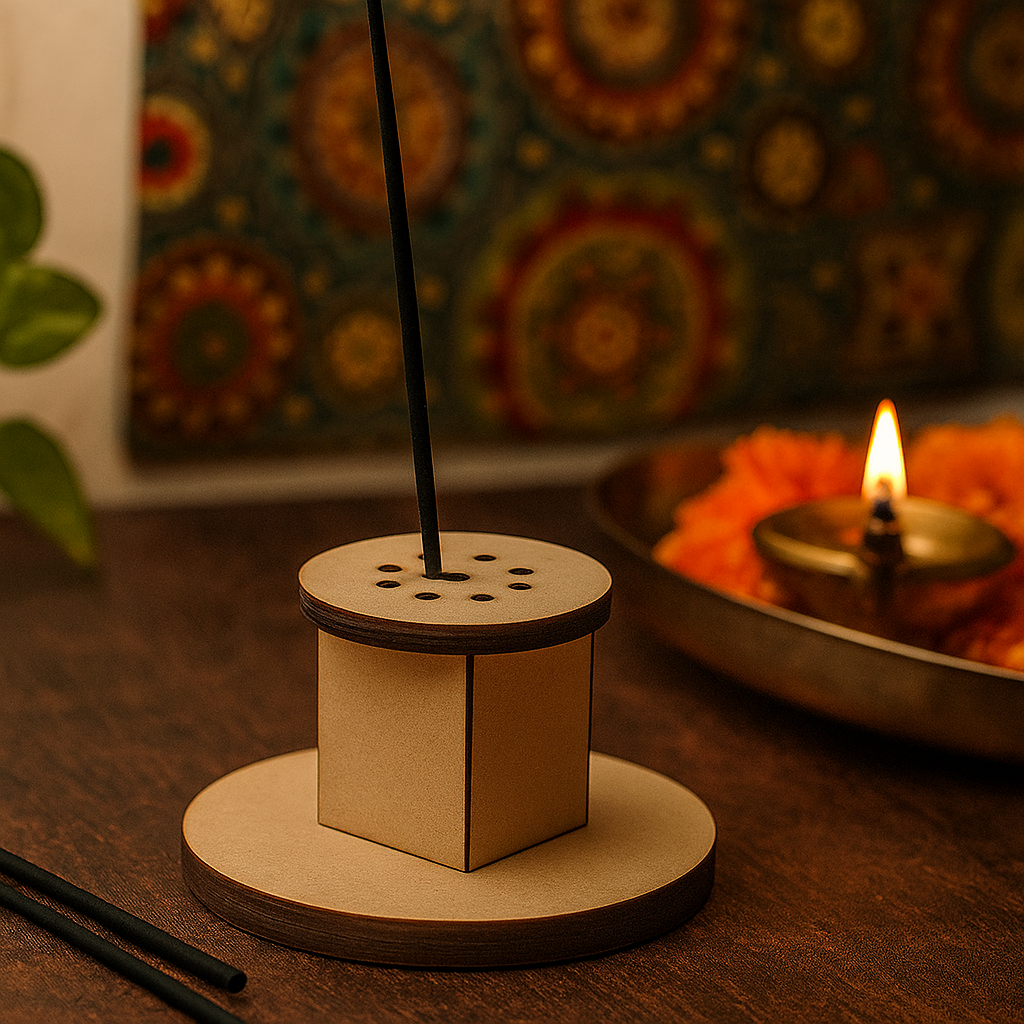 Single incense stick in MDF round holder with marigold and diya beside it.