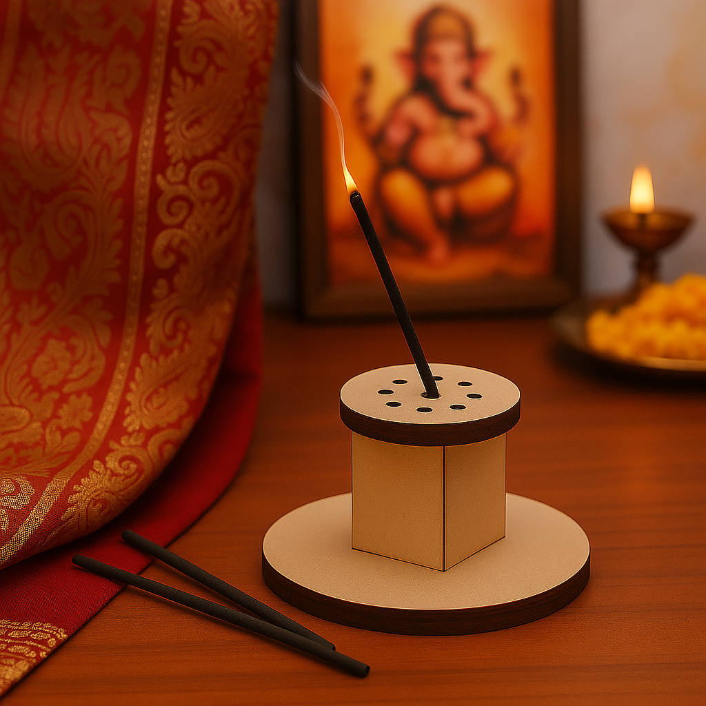 Burning incense stick in cylindrical holder, Ganesha idol and diya in background.