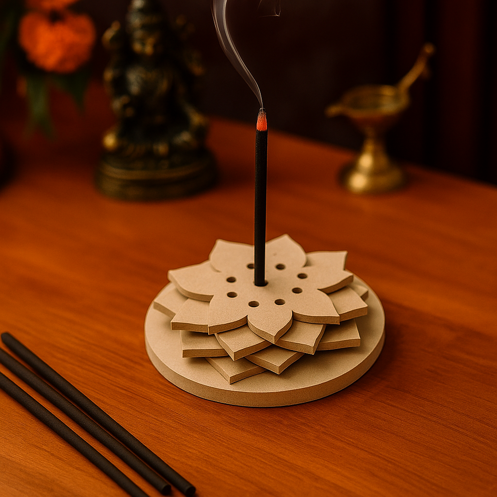 MDF layered flower-shaped incense holder with lit incense stick