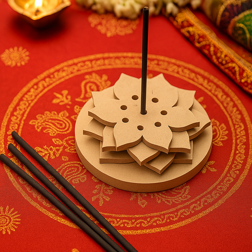 Decorative MDF lotus incense holder with sticks on red cloth
