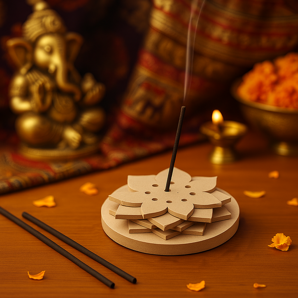 MDF floral incense stand with smoke rising, festive background