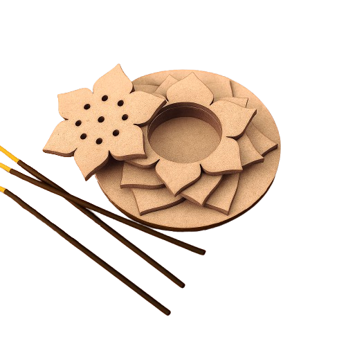 Layered Lotus Flower Incense Holder DIY Kit made of MDF with incense sticks on display.