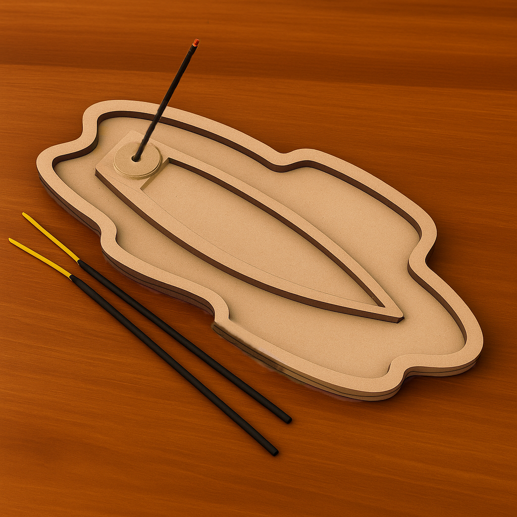 Modern MDF incense stick holder tray in layered design with incense sticks for home decor, puja, or meditation use.

