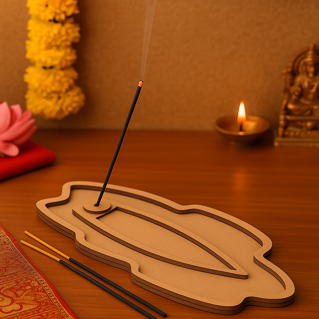 Designer MDF paisley-shaped agarbatti stand with unique curved design for temples and home pooja use