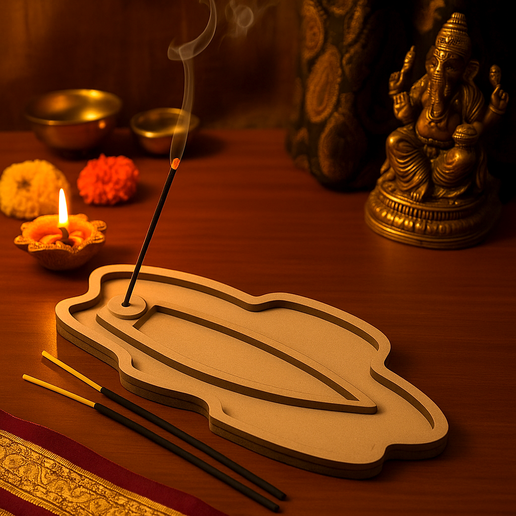 Designer MDF paisley-shaped agarbatti stand with unique curved design for temples and home pooja use
