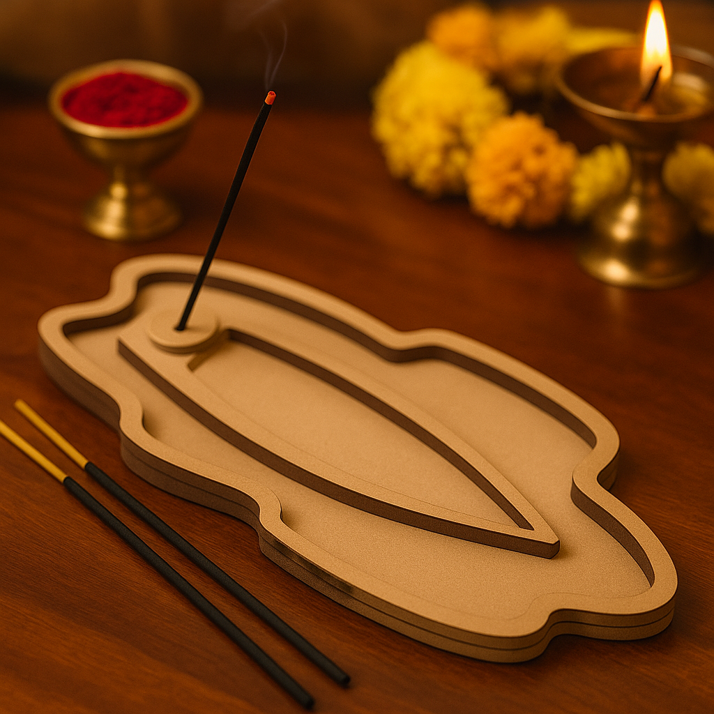 Minimalist MDF feather-shaped incense stick holder with carved groove for ash collection