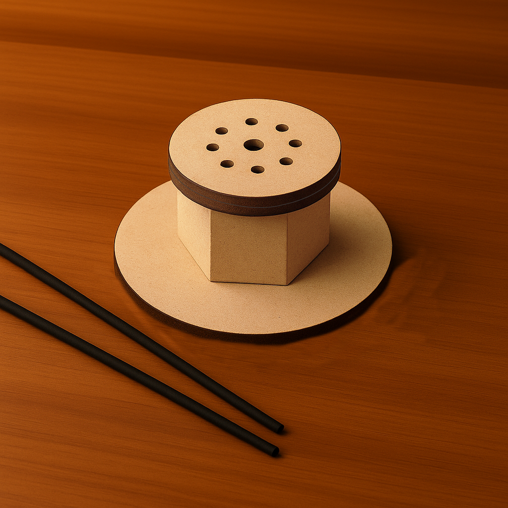 Hexagon MDF stick holder with removable lid and holes, ideal for organizing craft supplies.

