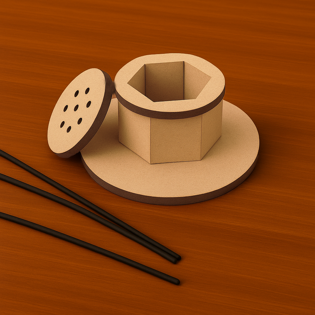 Hexagon MDF stick holder with removable lid and holes, ideal for organizing craft supplies.

