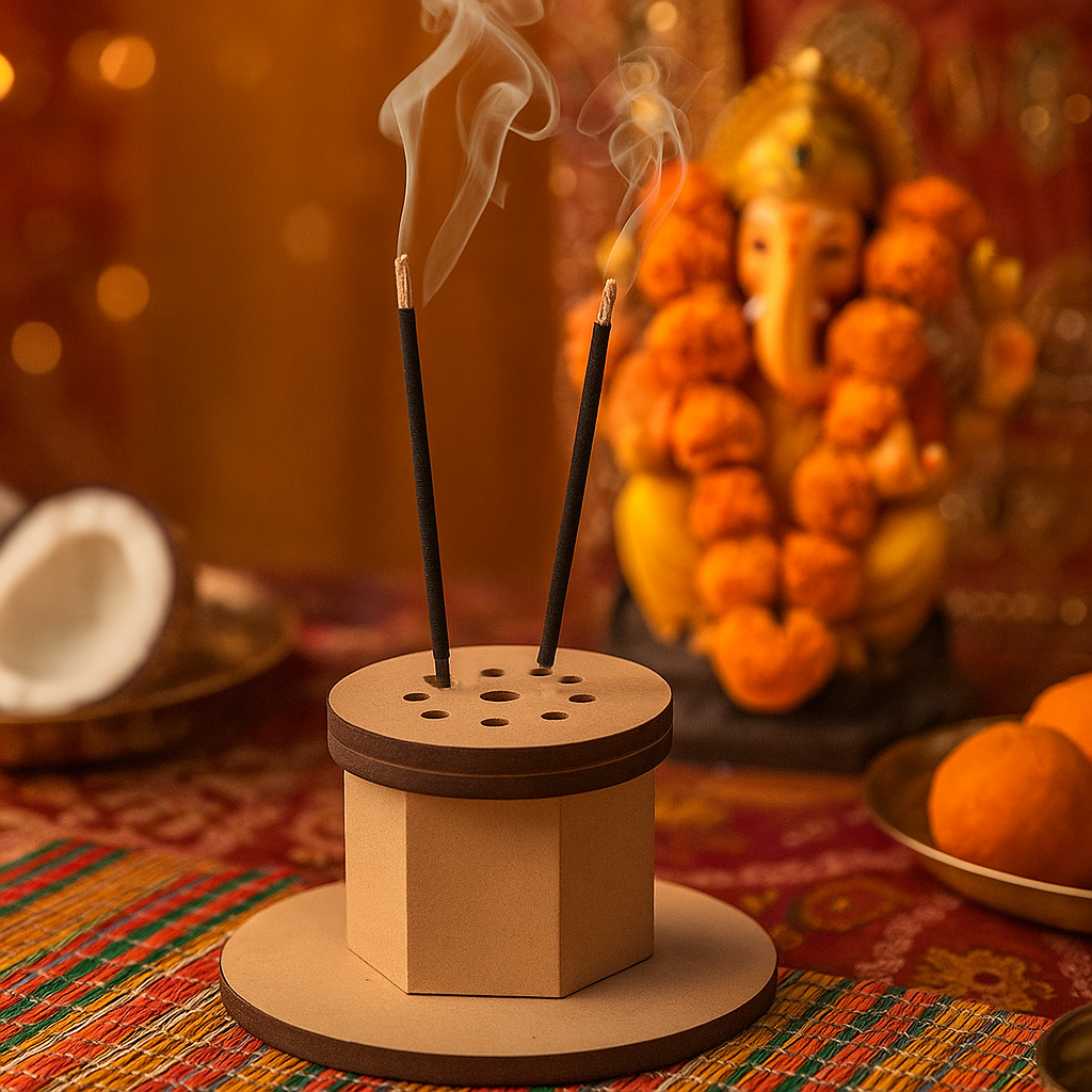 MDF incense stick holder with one incense stick, Ganesh idol in background.