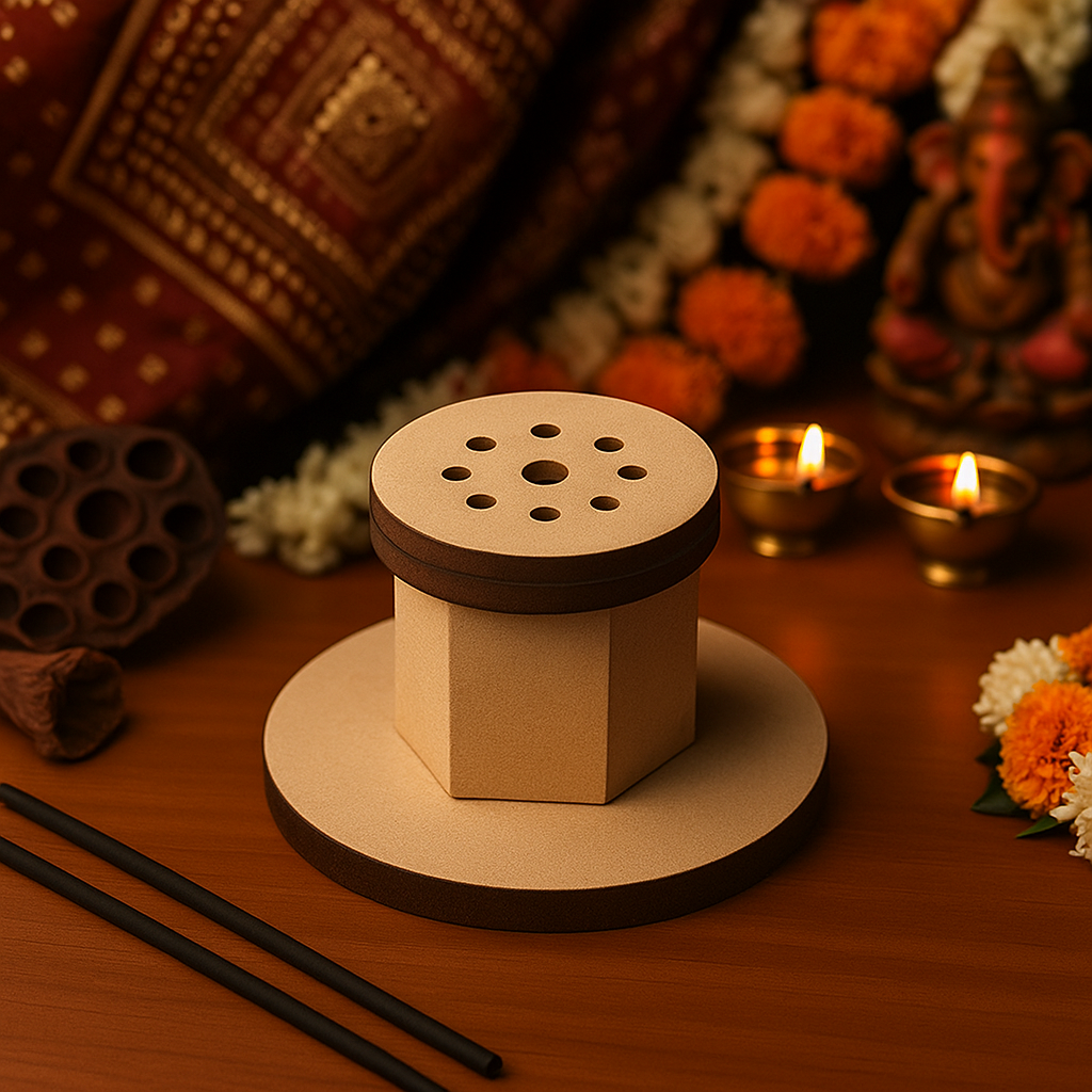 MDF incense stick holder with incense stick burning, soft-lit pooja room setting.