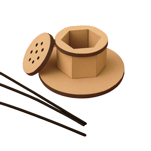 Hexagon MDF stick holder with removable lid and holes, ideal for organizing craft supplies.
