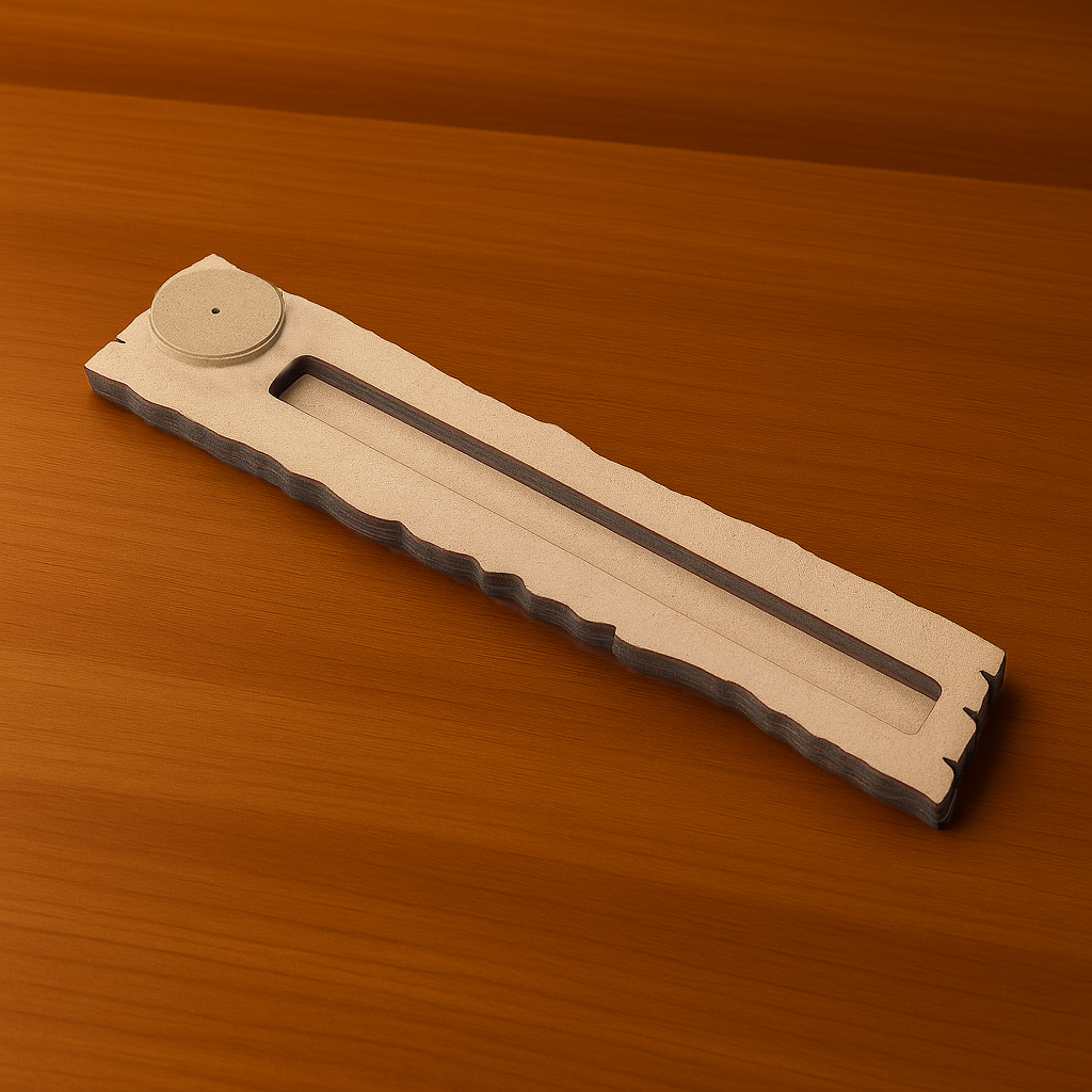 Minimalist MDF incense holder with zigzag edges, displaying stick incense, on a wooden background.

