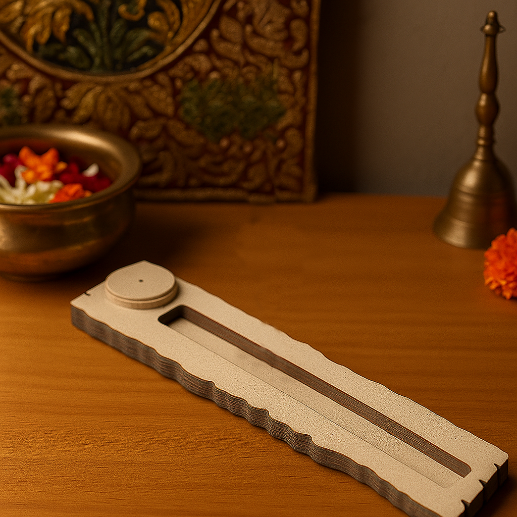 MDF rectangular incense stick holder with grooved design placed on wooden surface with brass decor bowl.