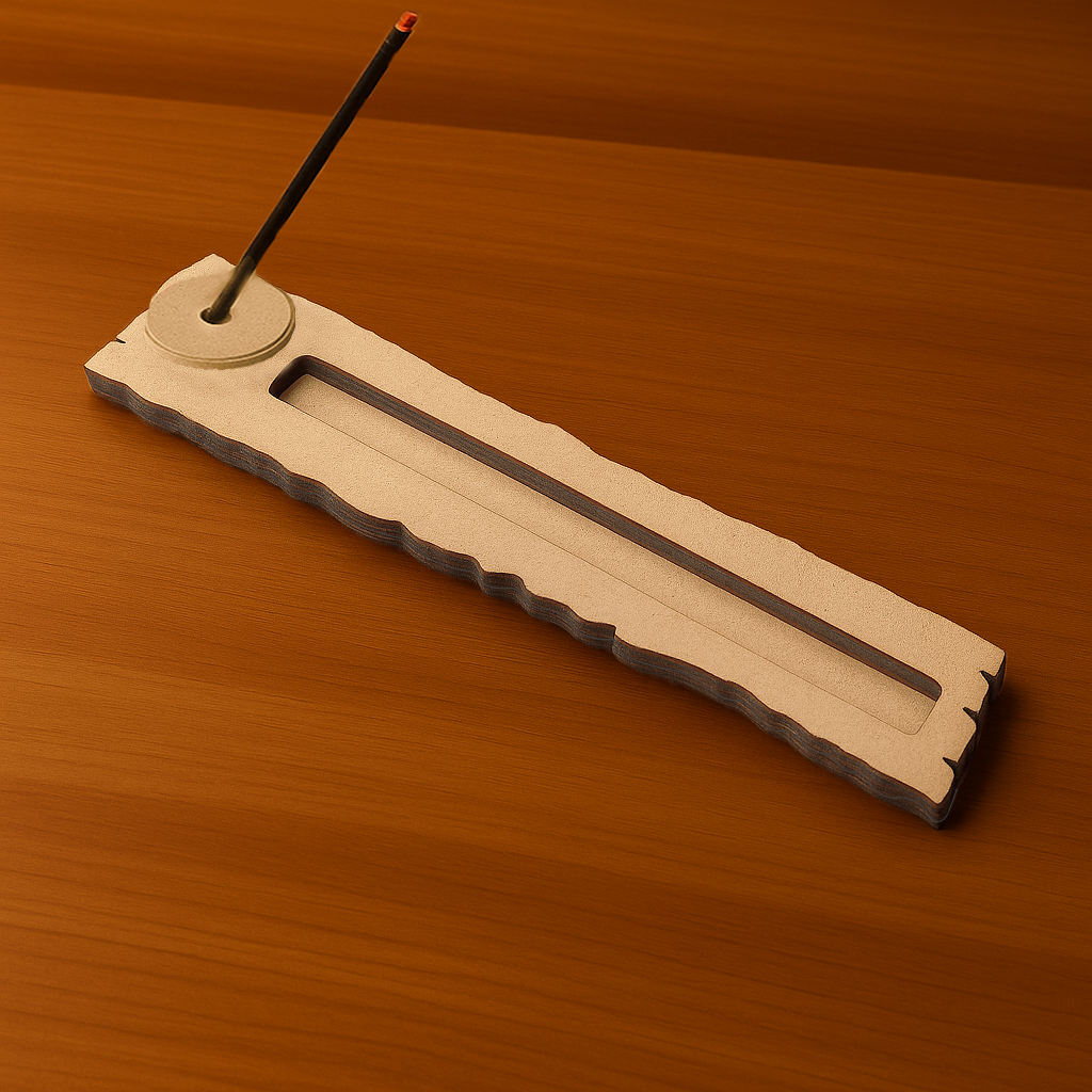 Minimalist MDF incense holder with zigzag edges, displaying stick incense, on a wooden background.

