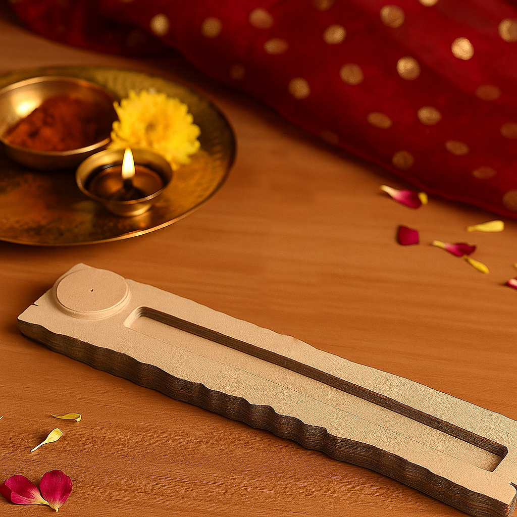 MDF incense holder with wave-edge design on wooden table with diya and flower petals.