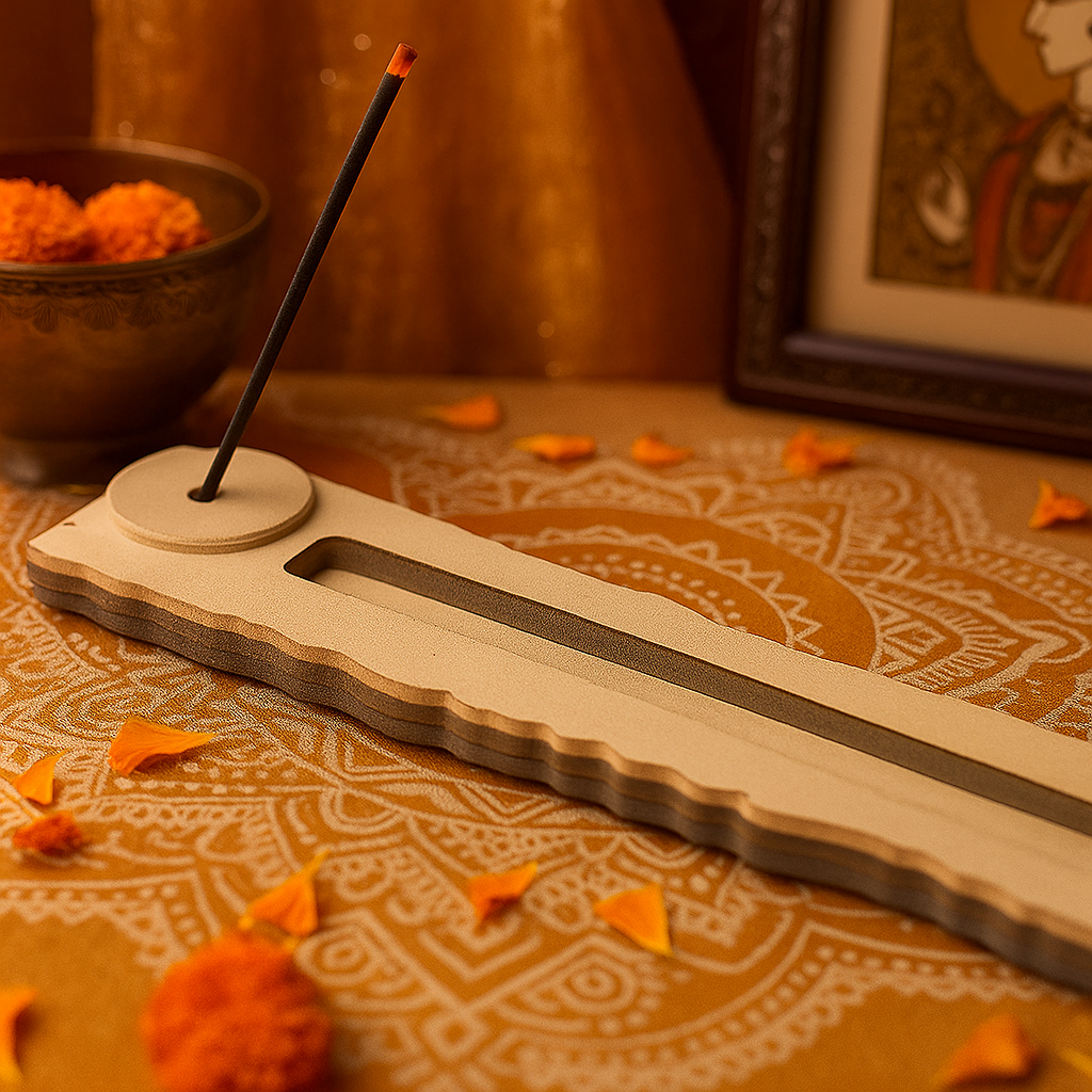 Burning incense stick in MDF wave-edge holder placed on maroon and yellow fabric background