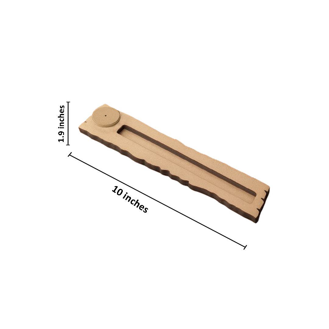 Minimalist MDF incense holder with zigzag edges, displaying stick incense with size