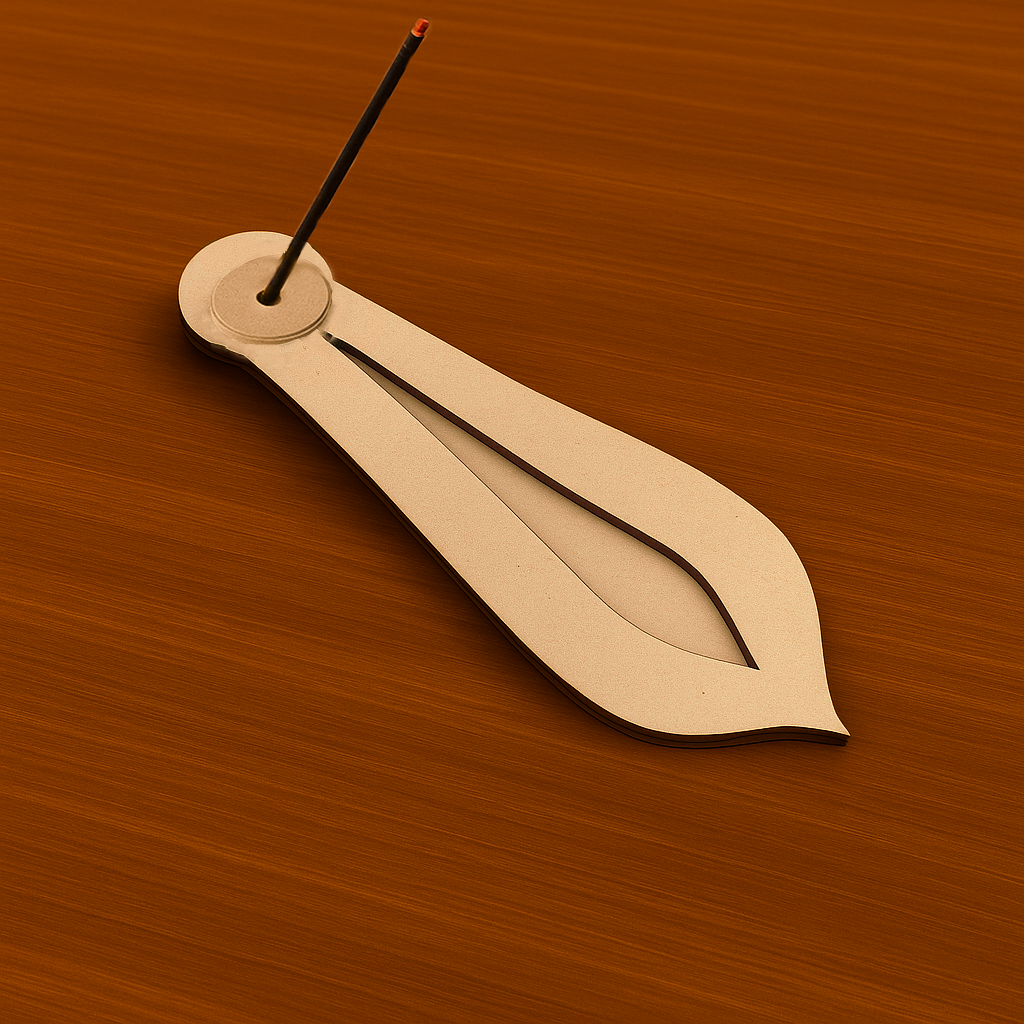 MDF leaf design incense holder on wooden table, minimalist handmade décor

