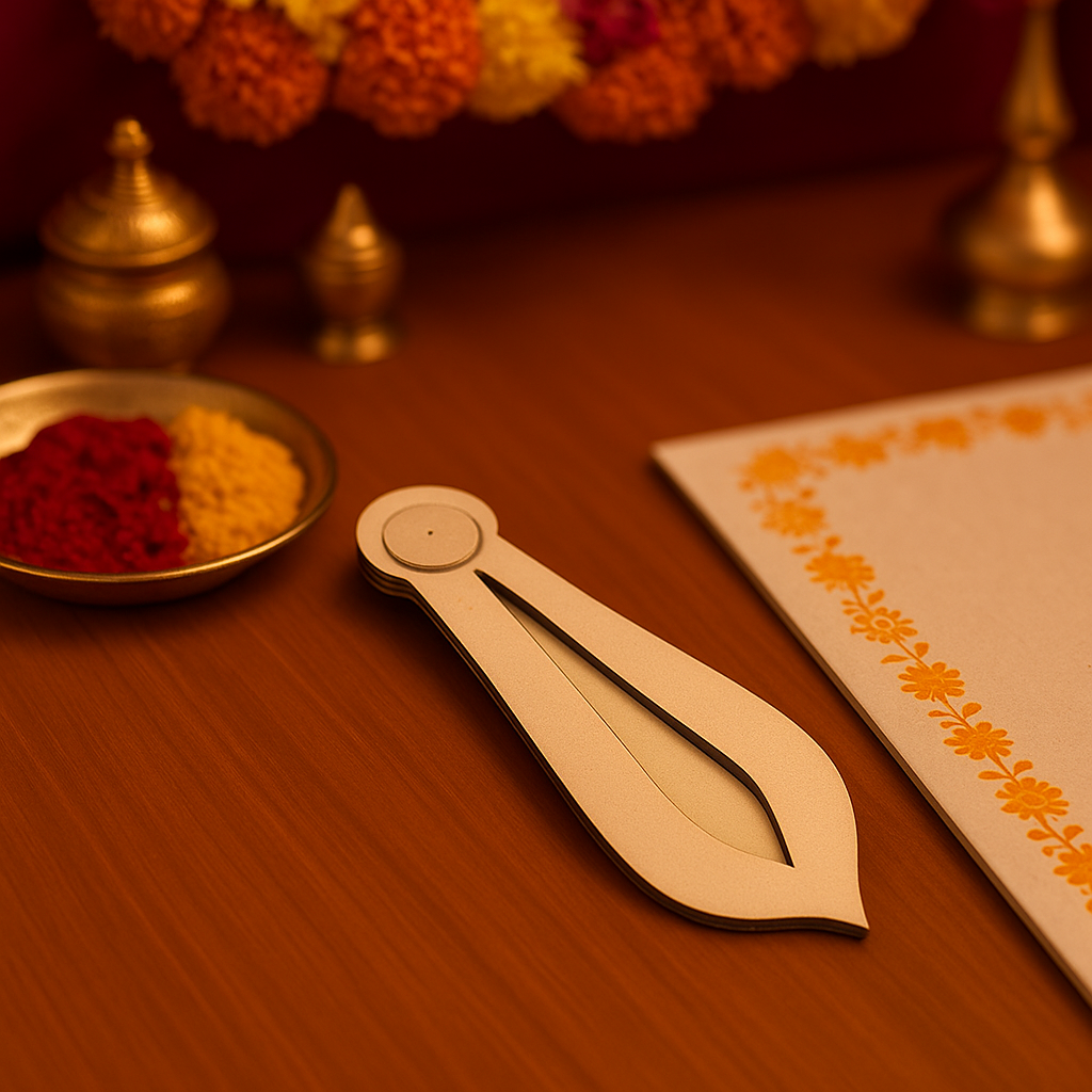 MDF teardrop-shaped incense holder on wooden surface with kumkum and haldi plate