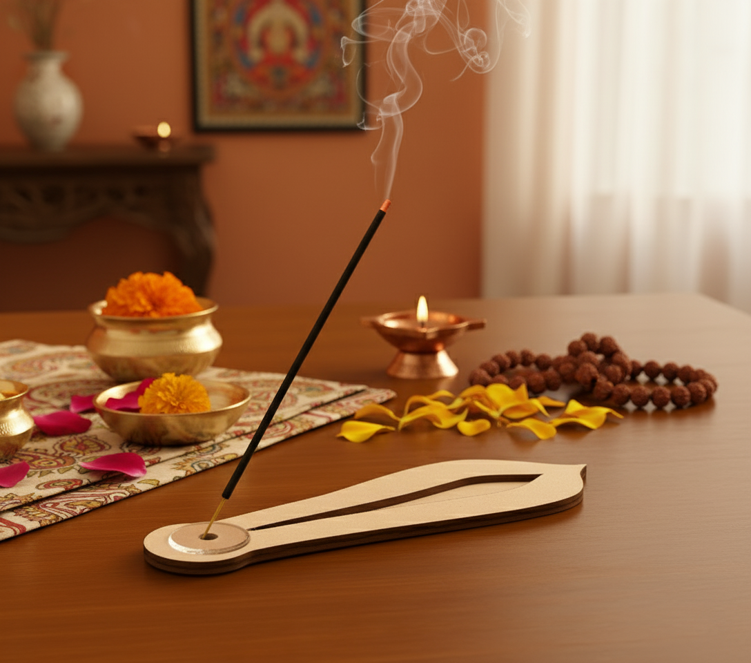 MDF incense holder with smoke rising, surrounded by pooja decor items